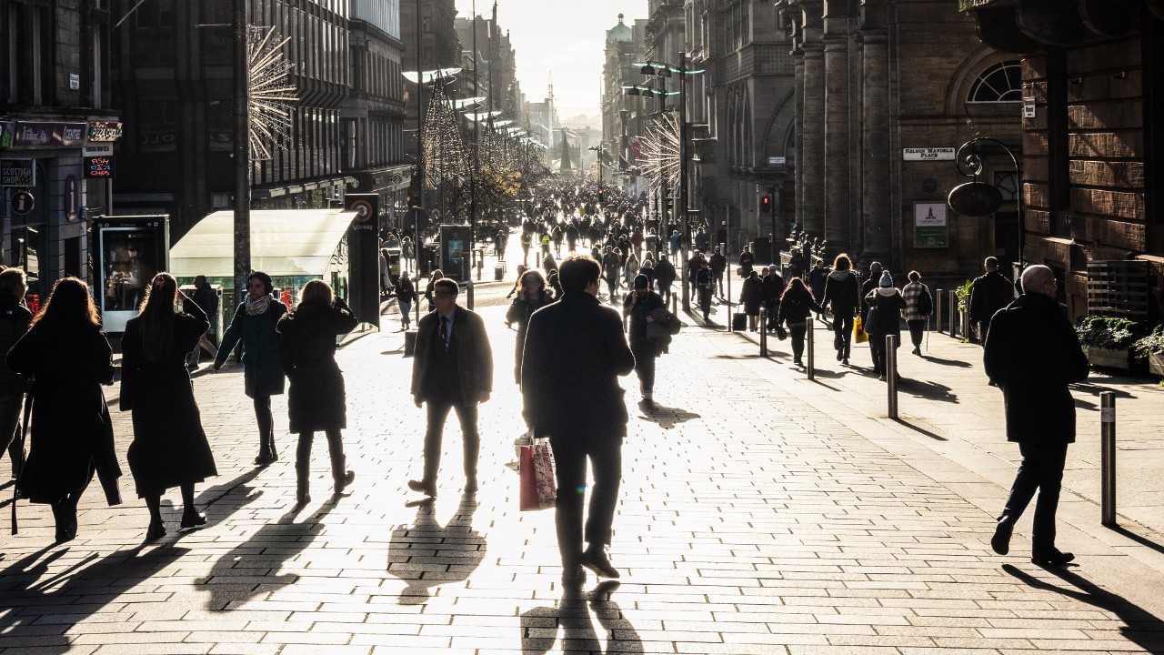 Crowds on Buchanan Street in central Glasgow, Scotland.