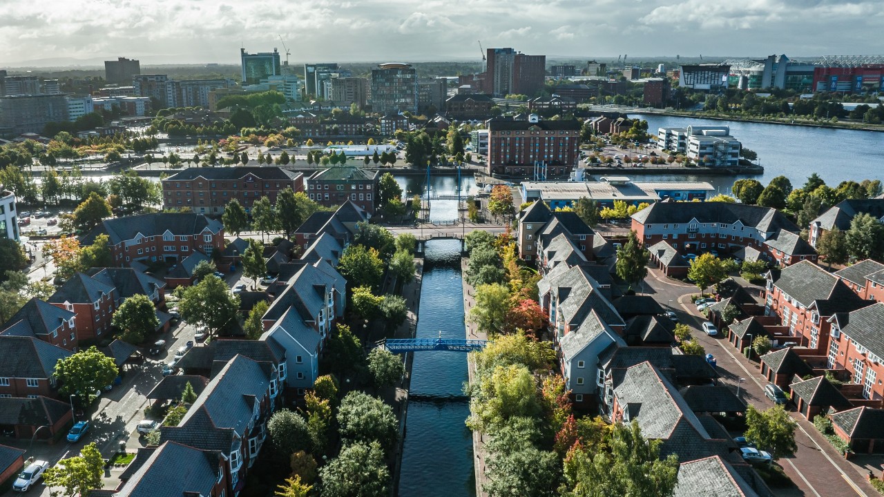 Drone view of Media city Salford quays, Manchester