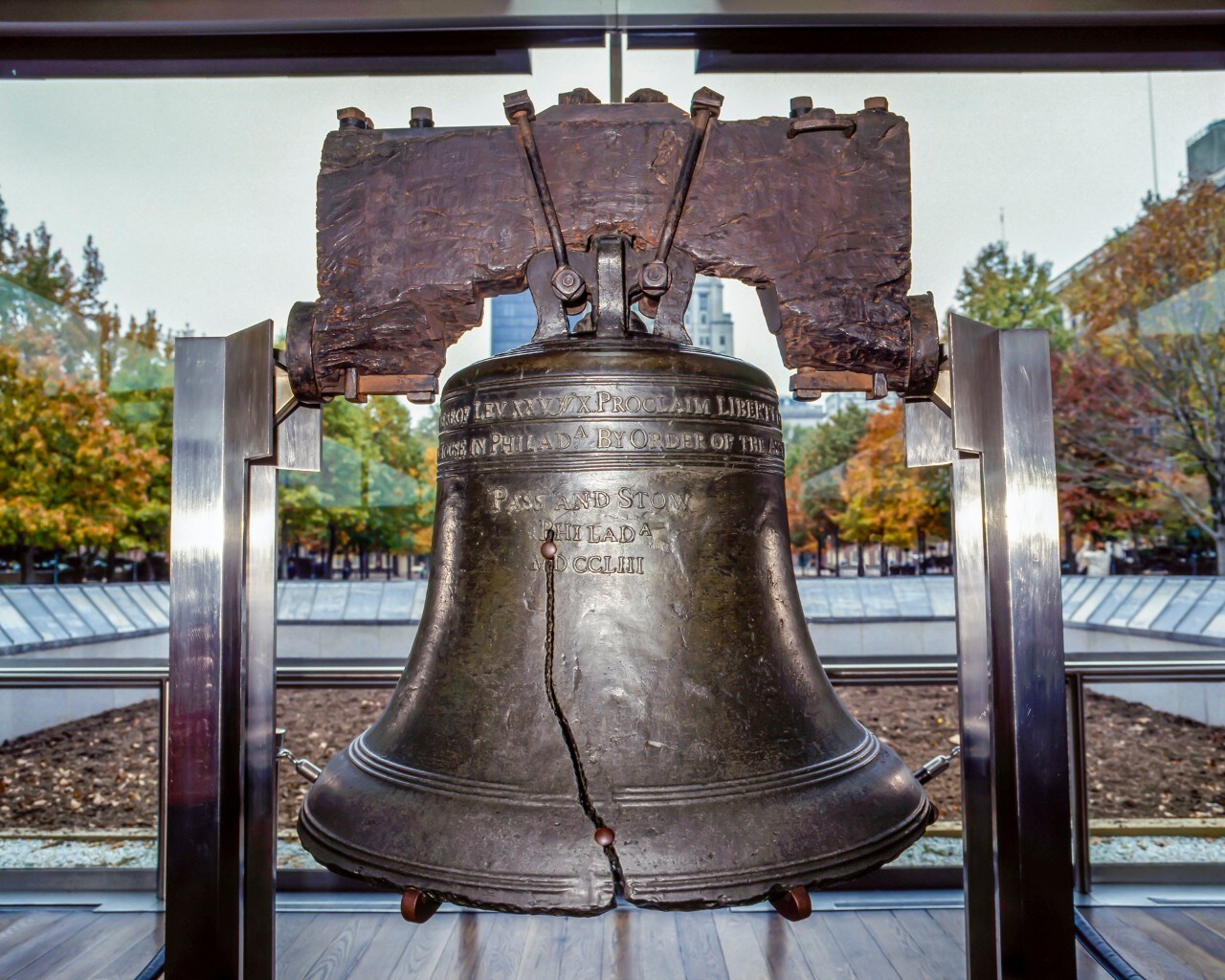 A historic symbol of American independence, the Liberty Bell is displayed across from Independence Hall in Philadelphia.