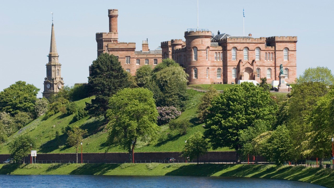 "Inverness Castle, overlooking the River Ness in the middle of Inverness, Scottish Highlands."