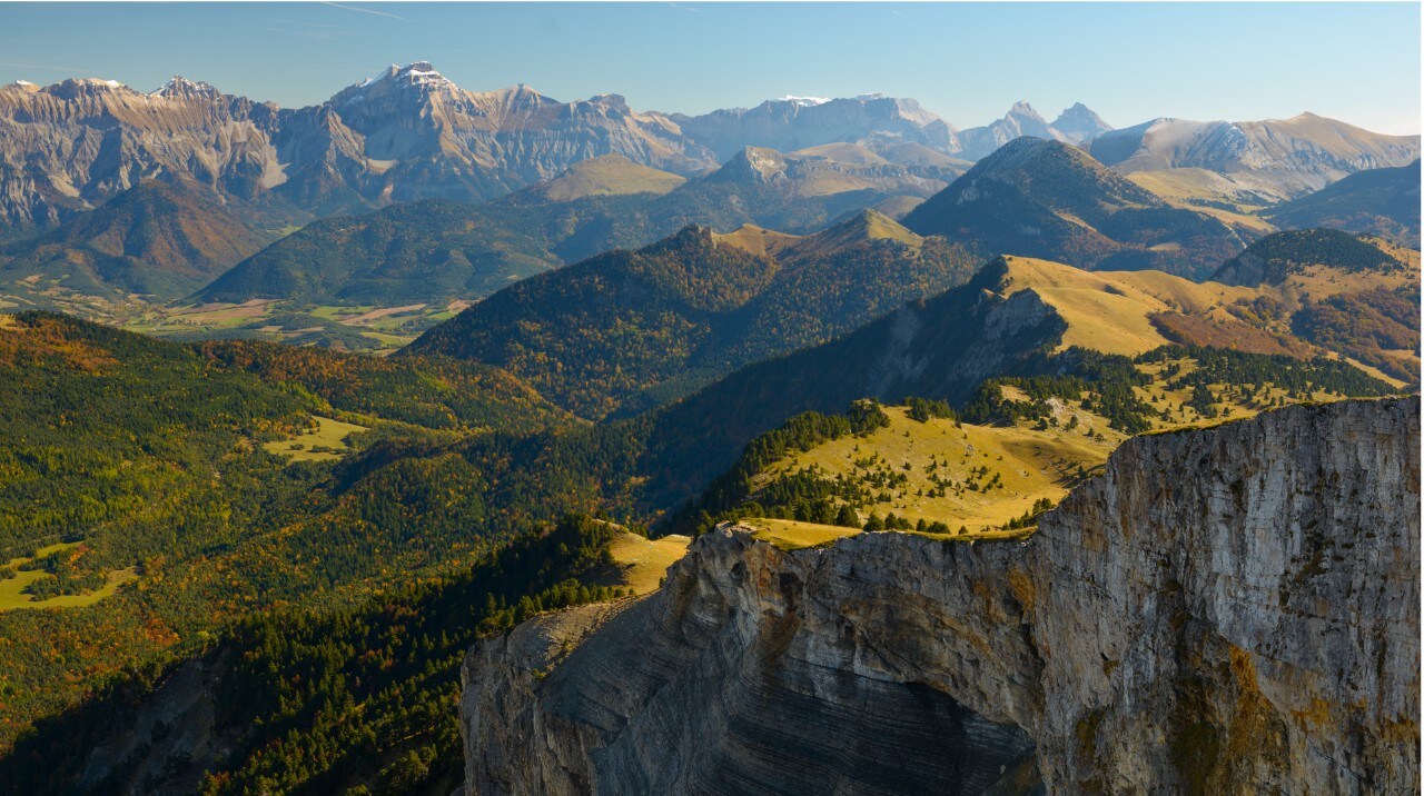 View of the mountain in the Vercors National Park in the French Alps (plateau de Chamousset)
