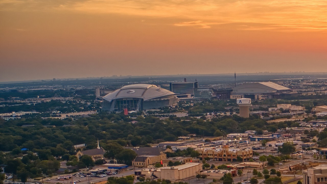 Aerial View of Arlington, Texas during a Summer Sunrise