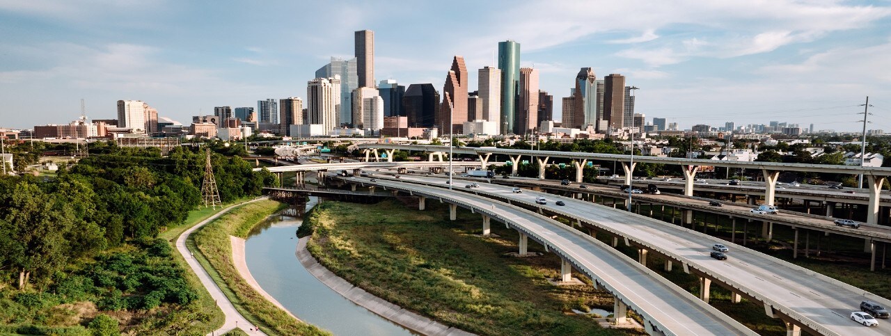 Drone point of view of downtown Houston, Texas, USA at sunset.